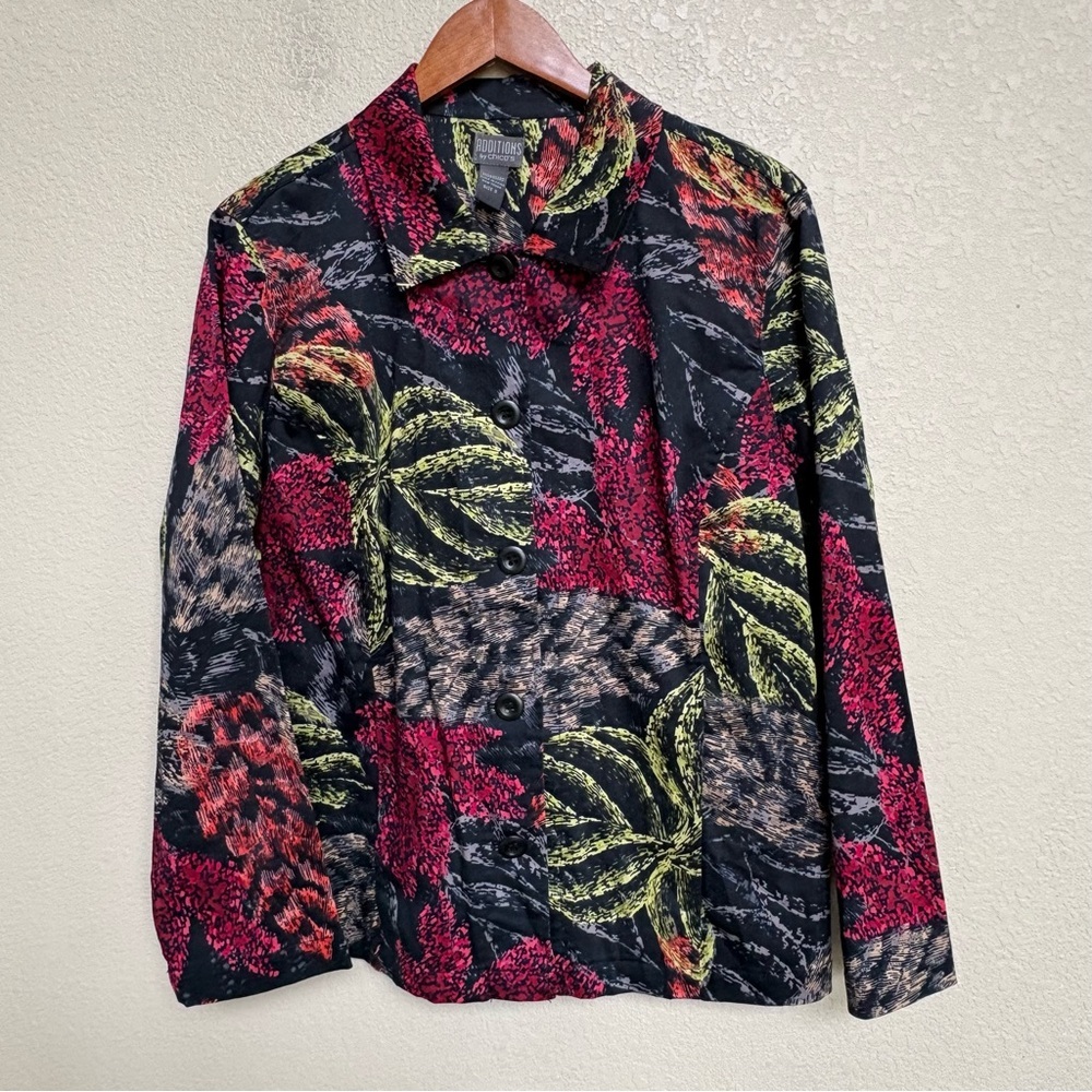 Chico’s Additions Black Red Olive Abstract Print Jacket Size‎ 3 (US 18) Women’s